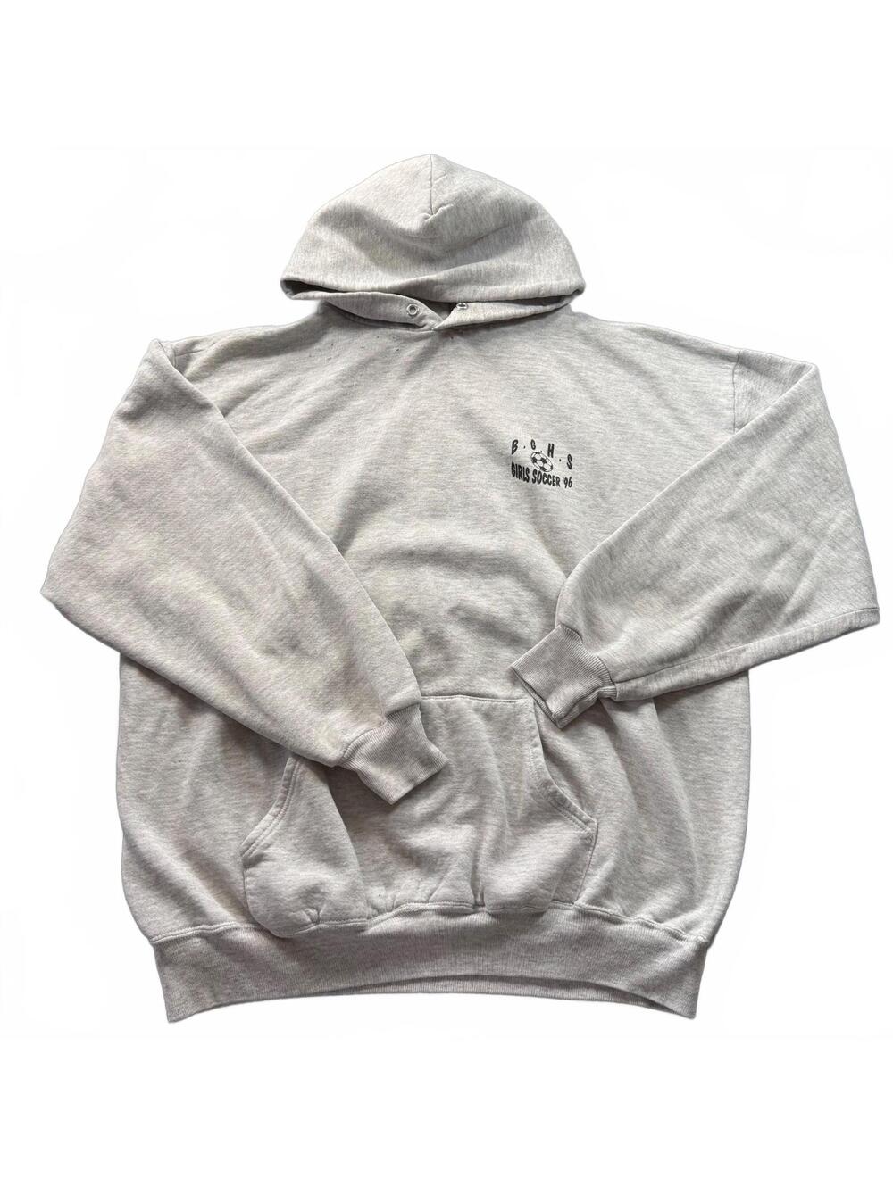 Vintage 90s Jerzees Pullover Hoodie Ash Gray XL USA Made BGHS Girls Soccer 96